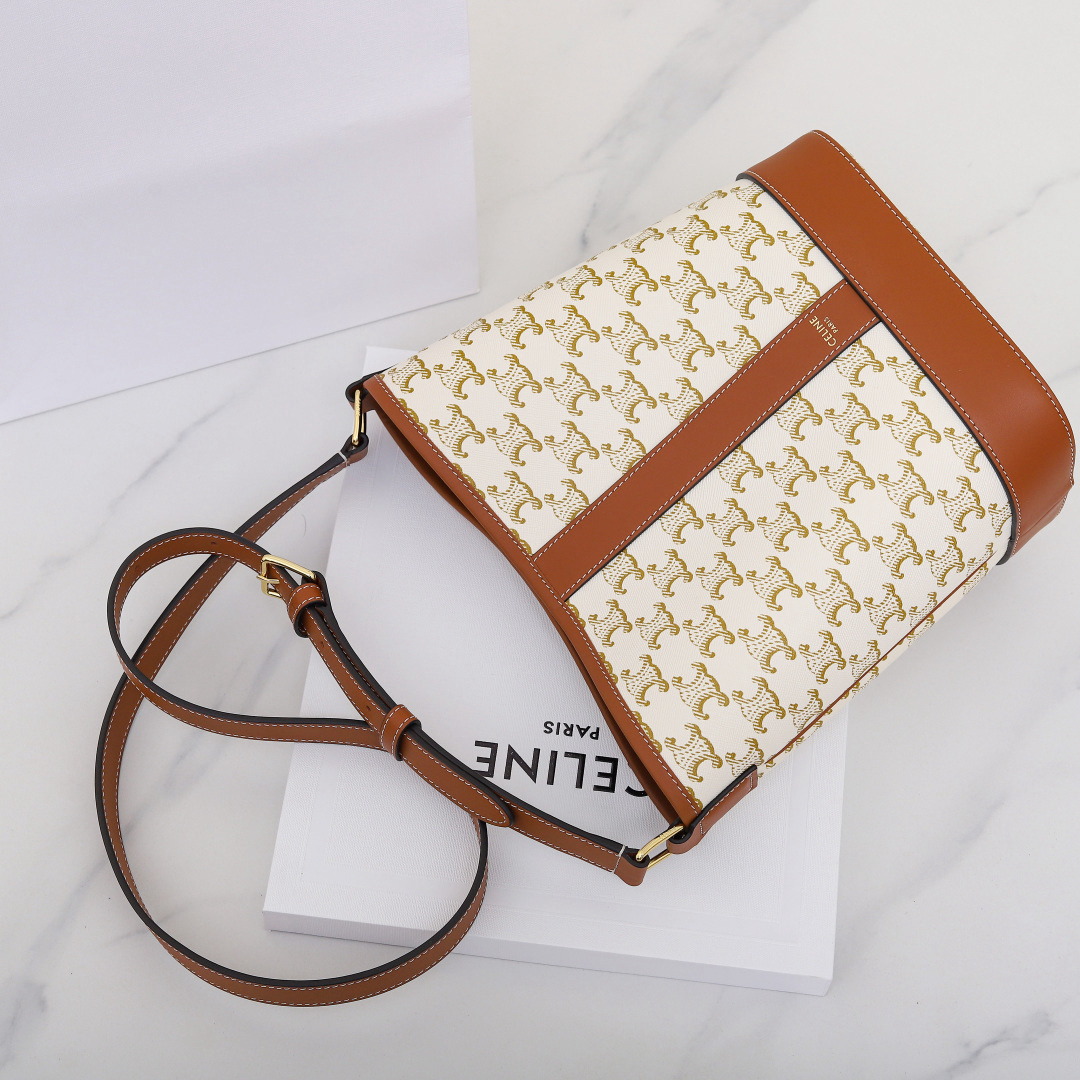 Celine Small Bucket Bag in Monogram Canvas and Brown Leather - Image 6