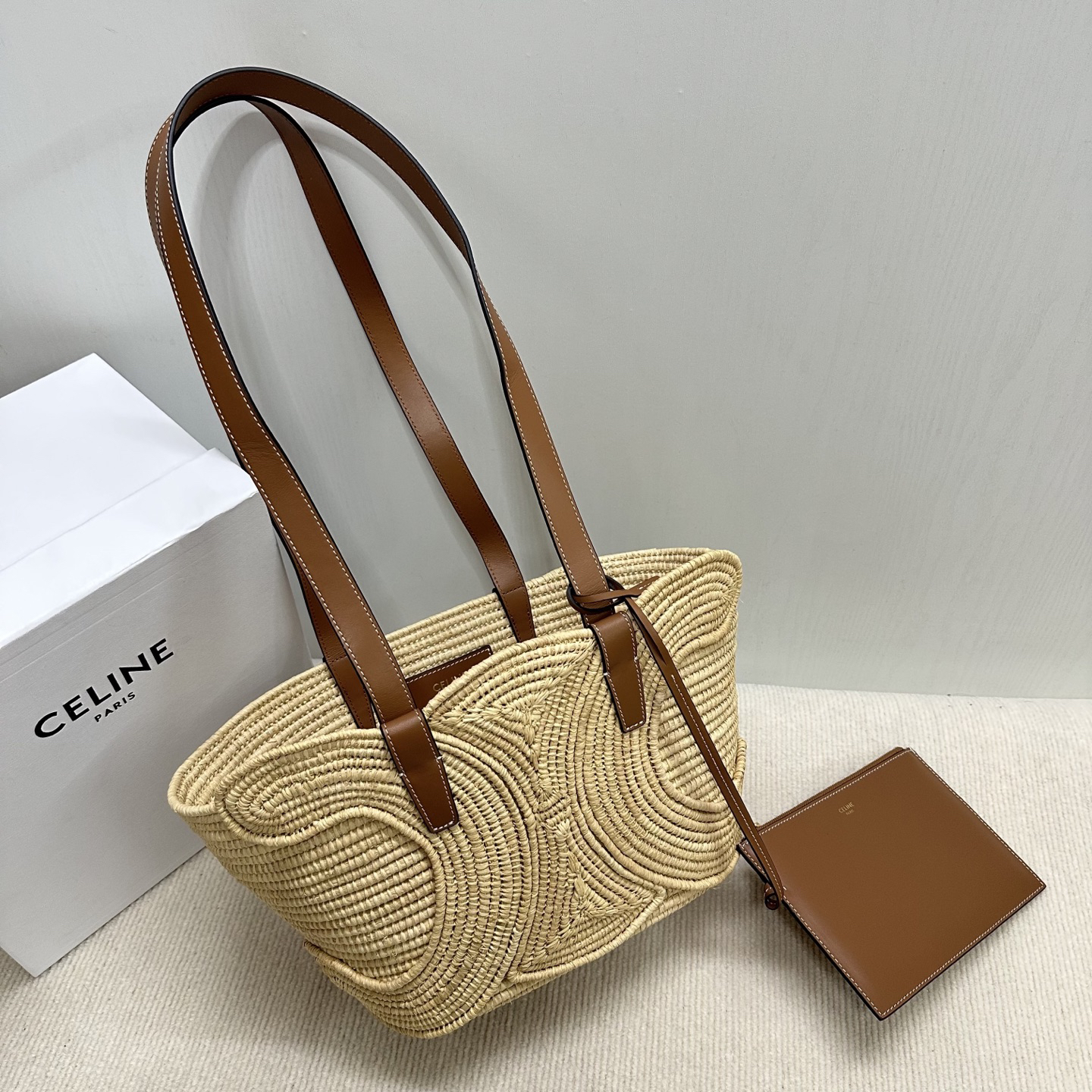 CELINE Small Natural Woven Plant Fiber and Cowhide Leather Basket Handbag - Image 6