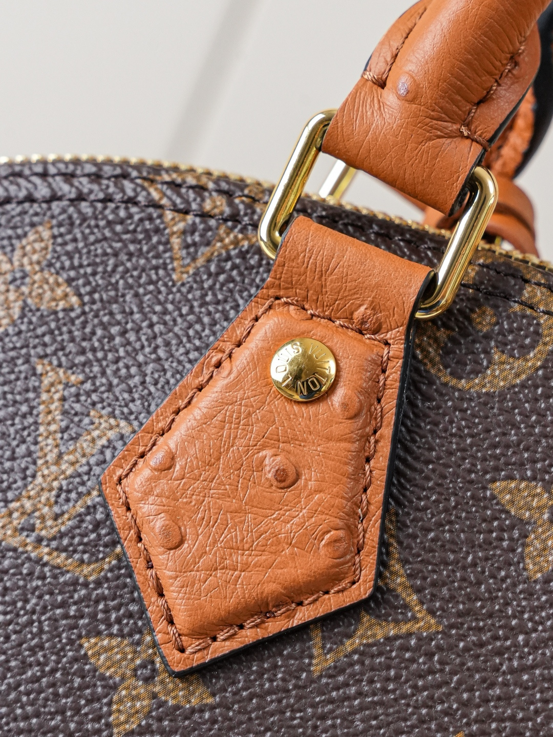 Louis Vuitton Alma Medium Handbag in Monogram Canvas with Ostrich Leather Trim - Image 6