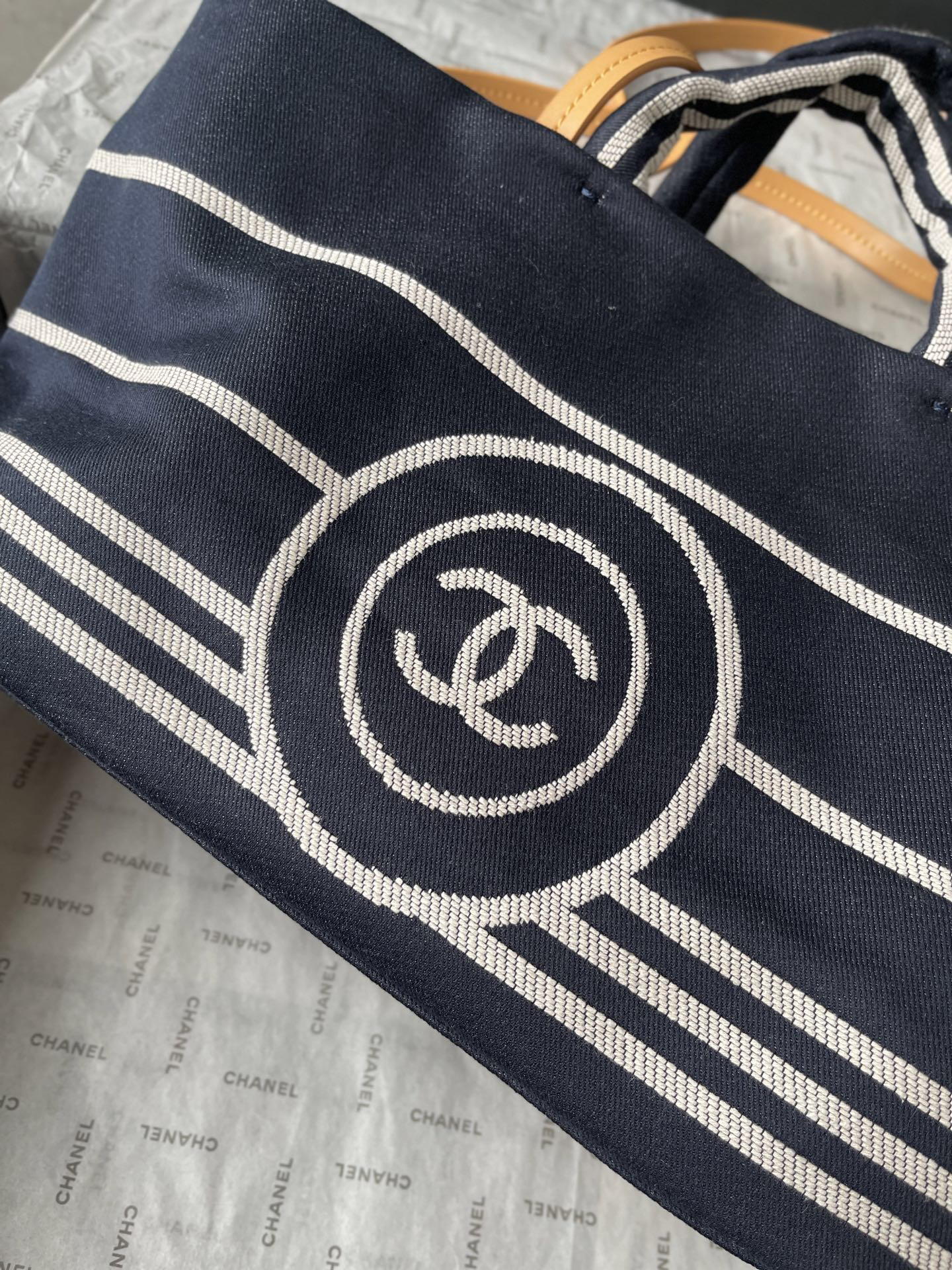 Chanel Navy Striped Denim Tote Bag - Image 6