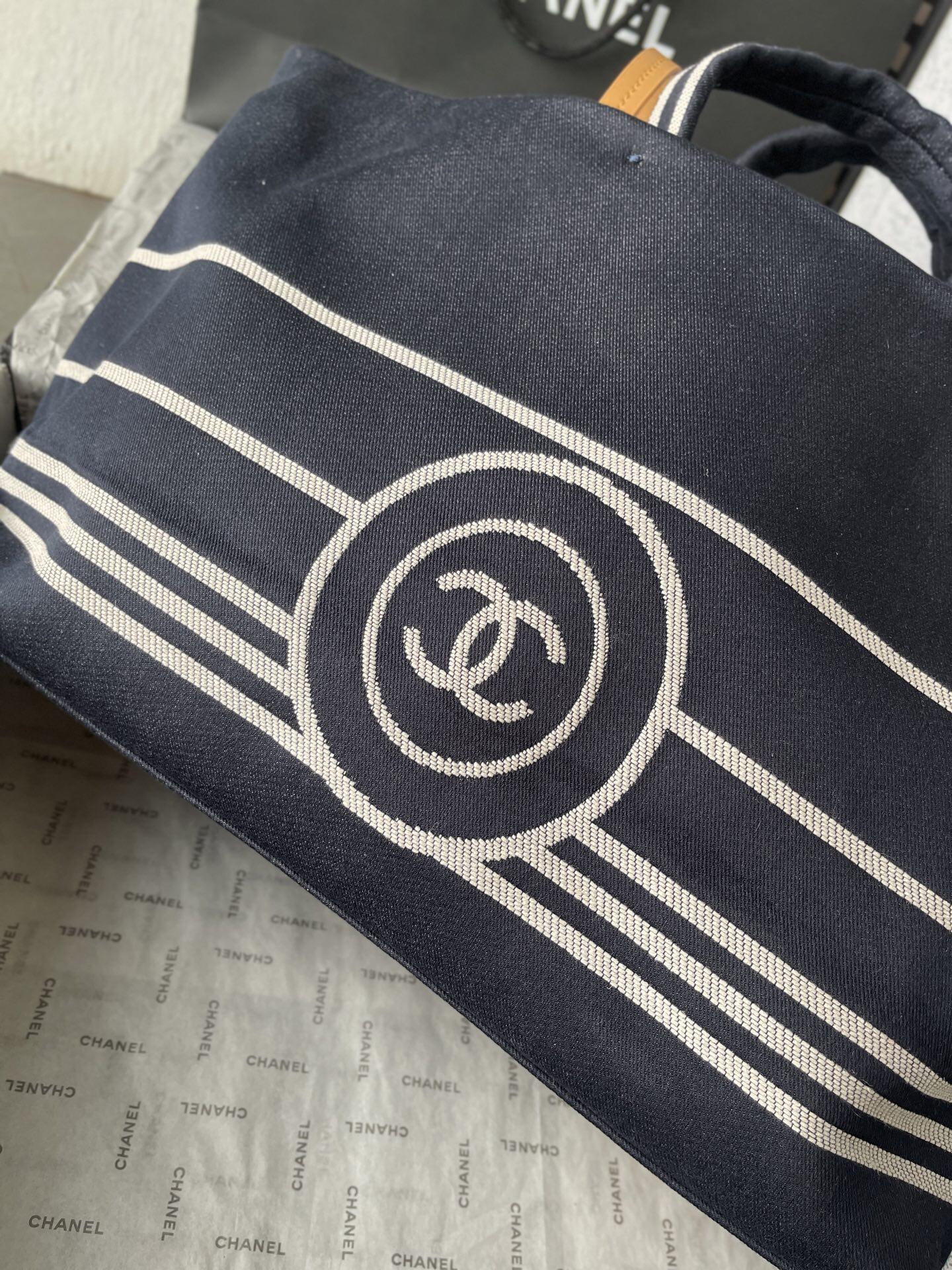 Chanel Navy Blue Striped Denim Tote Bag - Image 6