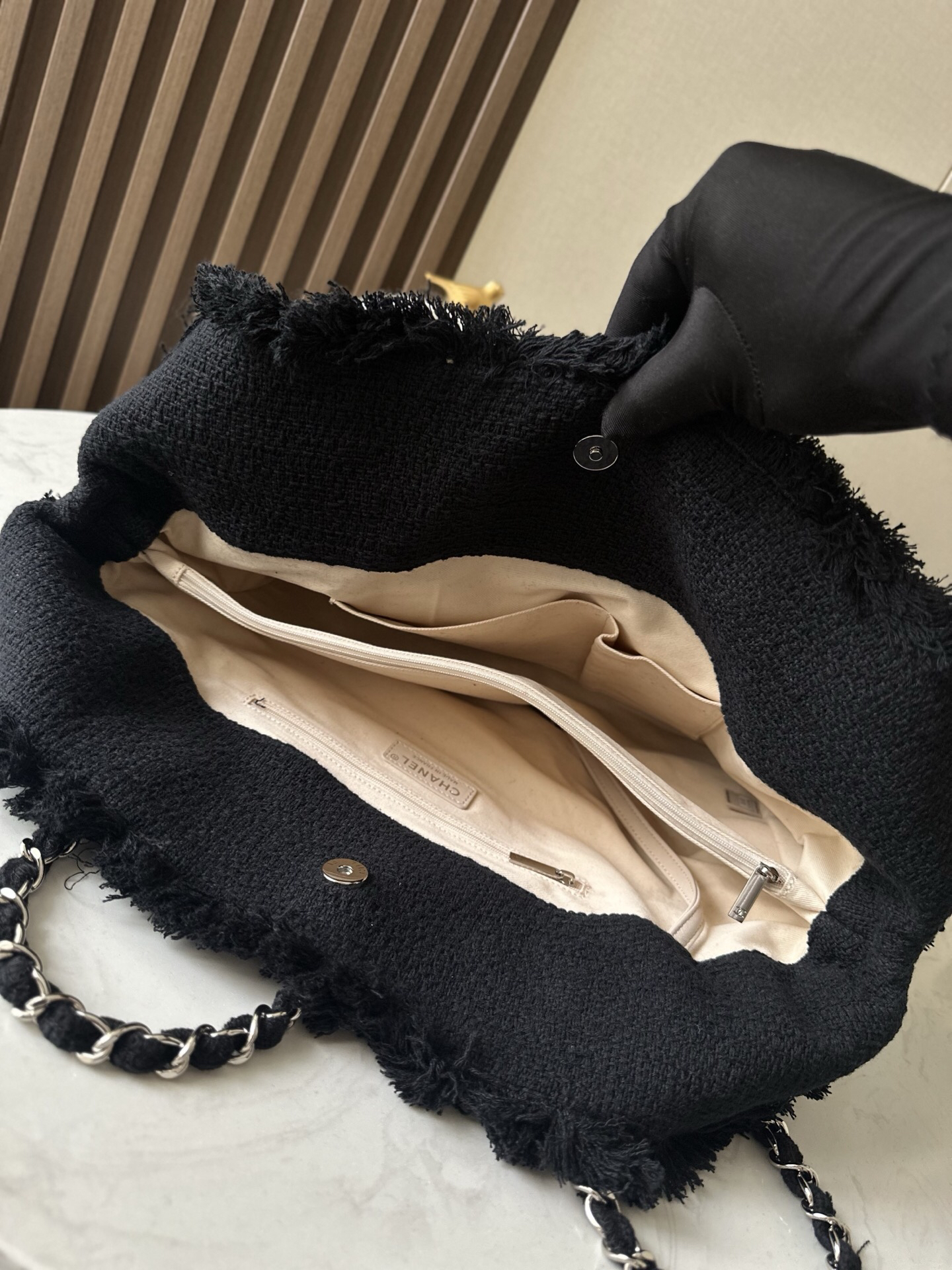 Black Vintage Linen and Straw Tote Bag with Fringe - Image 6