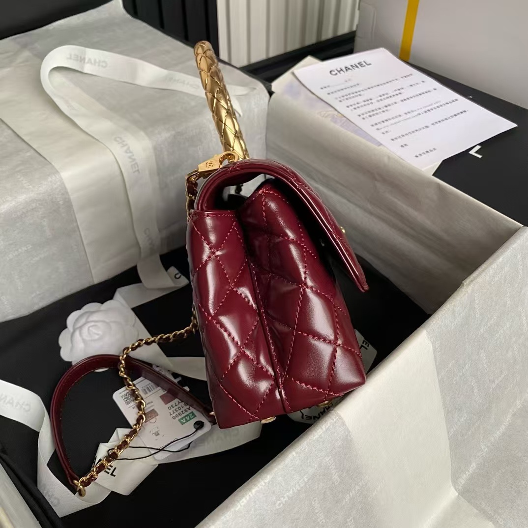 Chanel 24A Classic Coco Handle Leather Handbag, Burgundy - Image 6