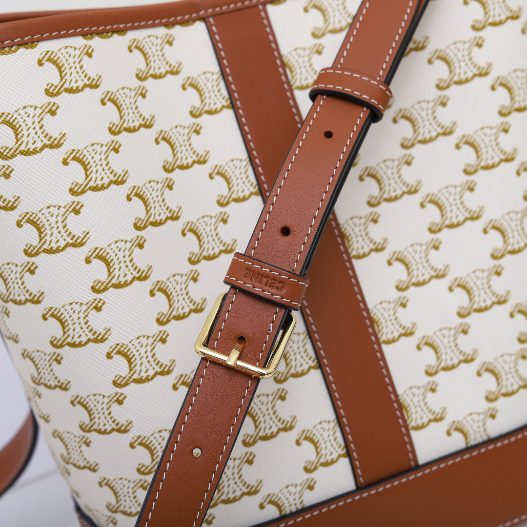 Celine Small Bucket Bag in Monogram Canvas and Brown Leather - Image 7