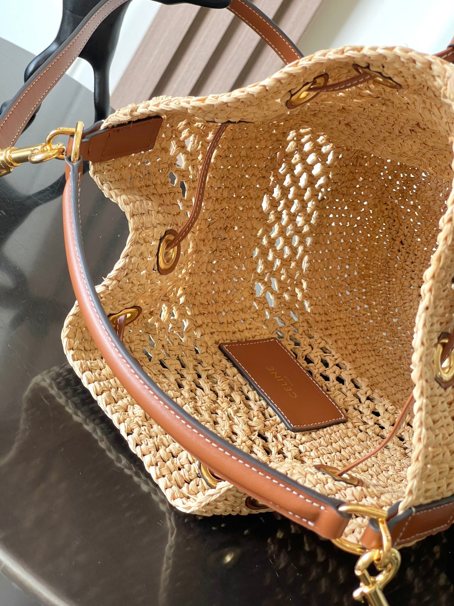 CELINE CLARA Raffia and Calfskin Classic Drawstring Basket Bag - Image 7