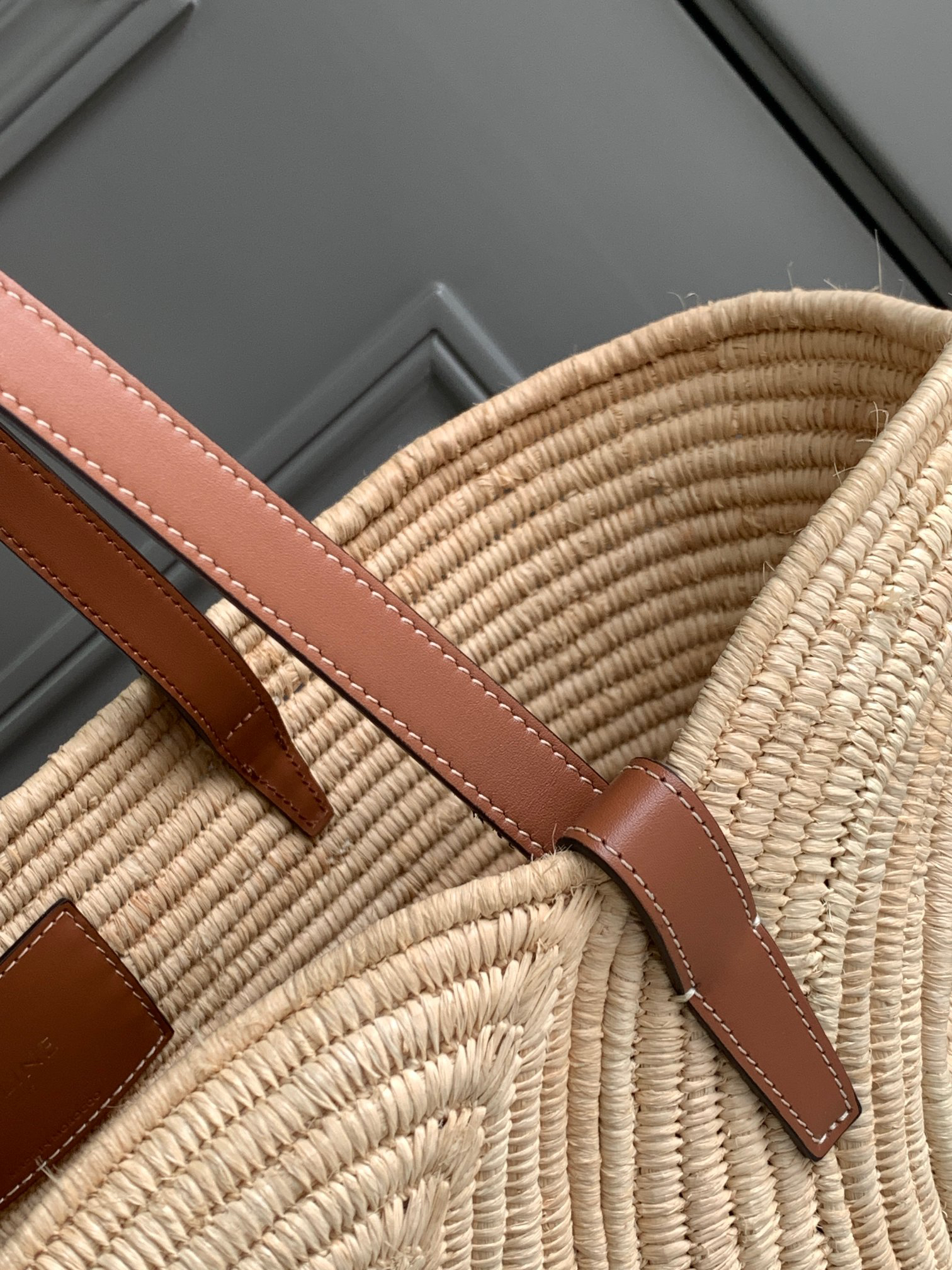 CELINE Natural Woven Plant-Fiber and Calfskin Leather Triome Medium Tote Bag - Image 7