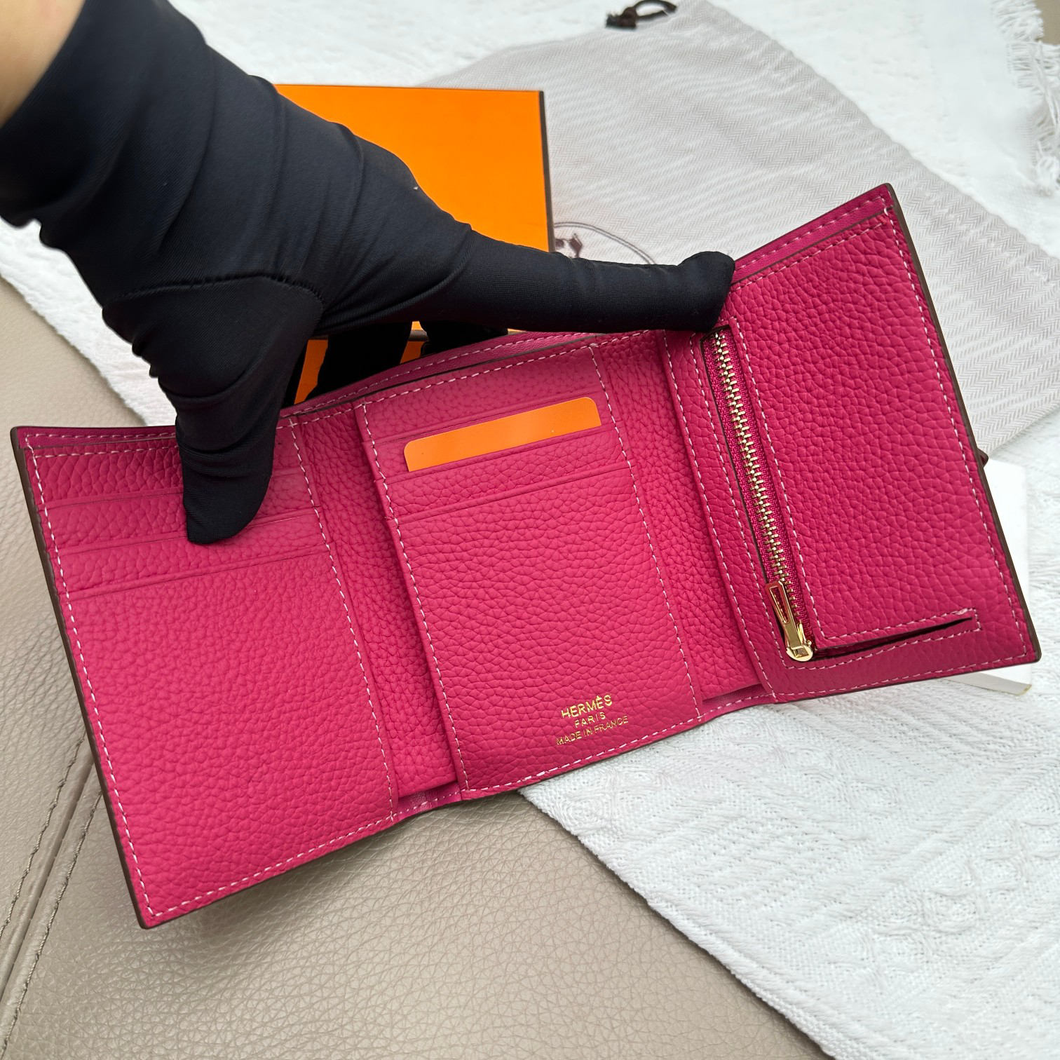 Hermes Togo Leather Tri-Fold Wallet with Gold-Tone Clasp - Image 7