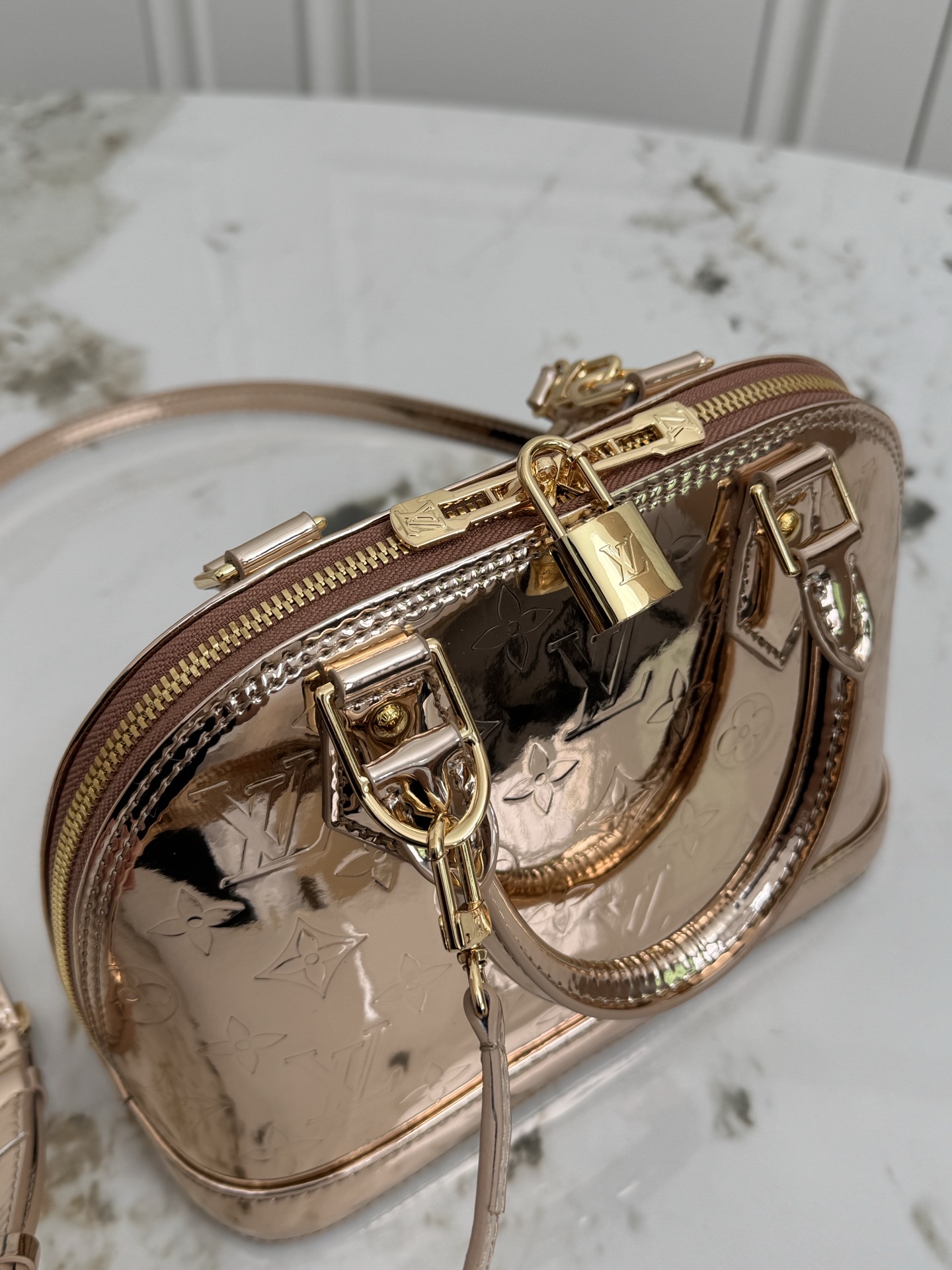 Louis Vuitton Alma BB Handbag in Copper Monogram Miroir Canvas - Image 7