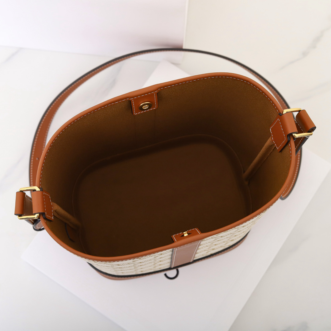 Celine Small Bucket Bag in Monogram Canvas and Brown Leather - Image 8