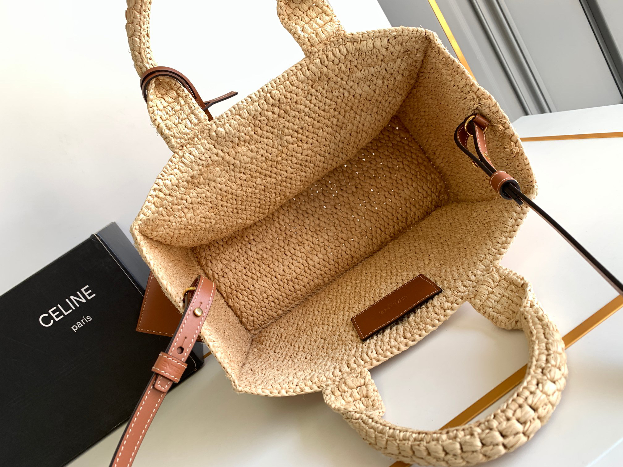 CELINE TCABAS THAIS Small Woven Tote Bag in Natural Fiber and Calfskin - Image 8