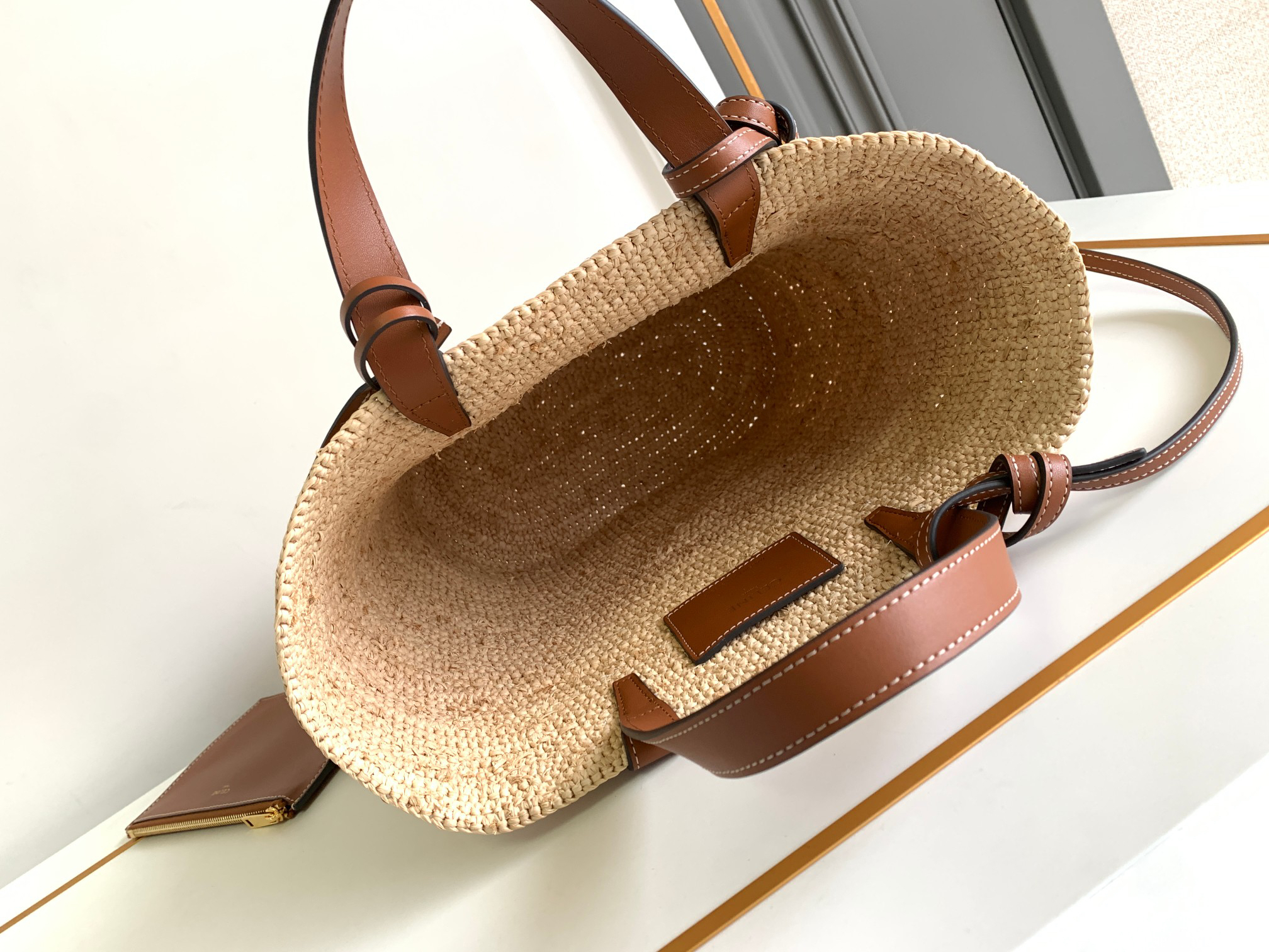 CELINE Teen Woven Basket Tote Bag in Natural Fiber and Calfskin - Image 8