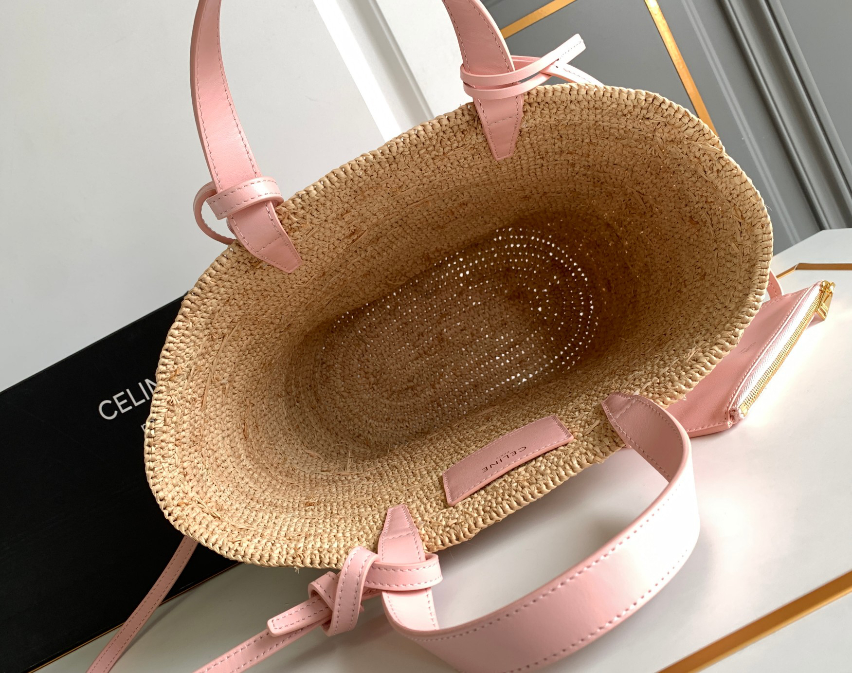 CELINE Teen Woven Plant-Fiber and Calfskin Soft Classic Tote Bag - Image 8