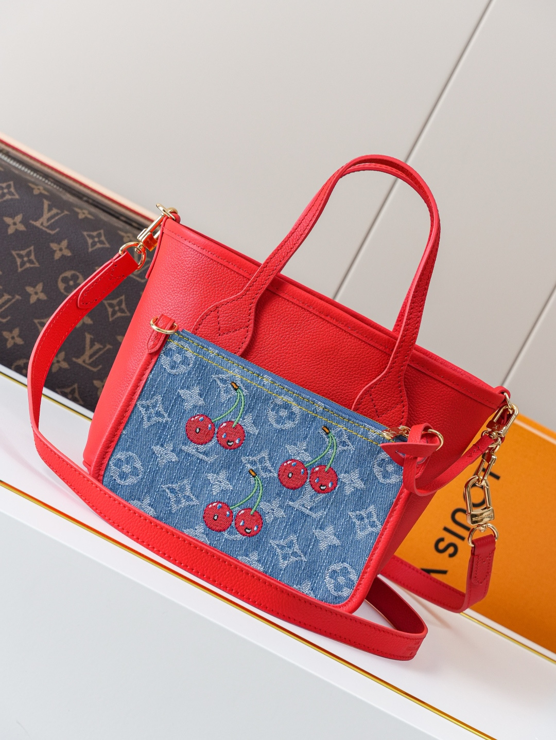 Louis Vuitton Neverfull Inside Out BB Monogram Cherry Denim Handbag - Image 8