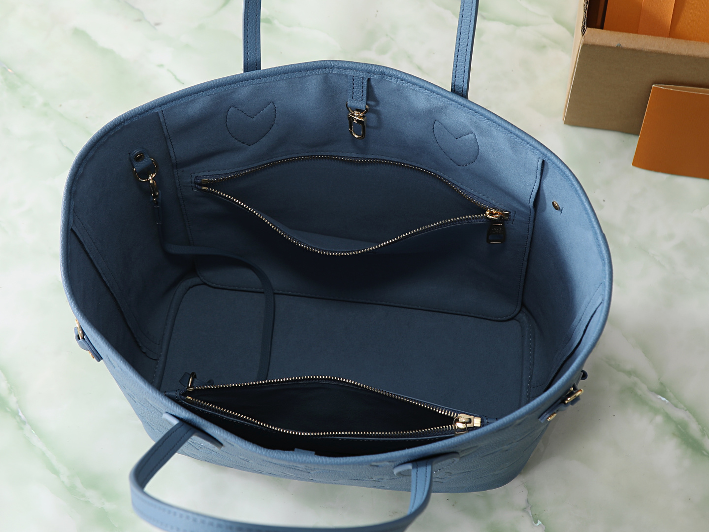 Neverfull MM Tote Bag in Blue Monogram Empreinte Leather - Image 8