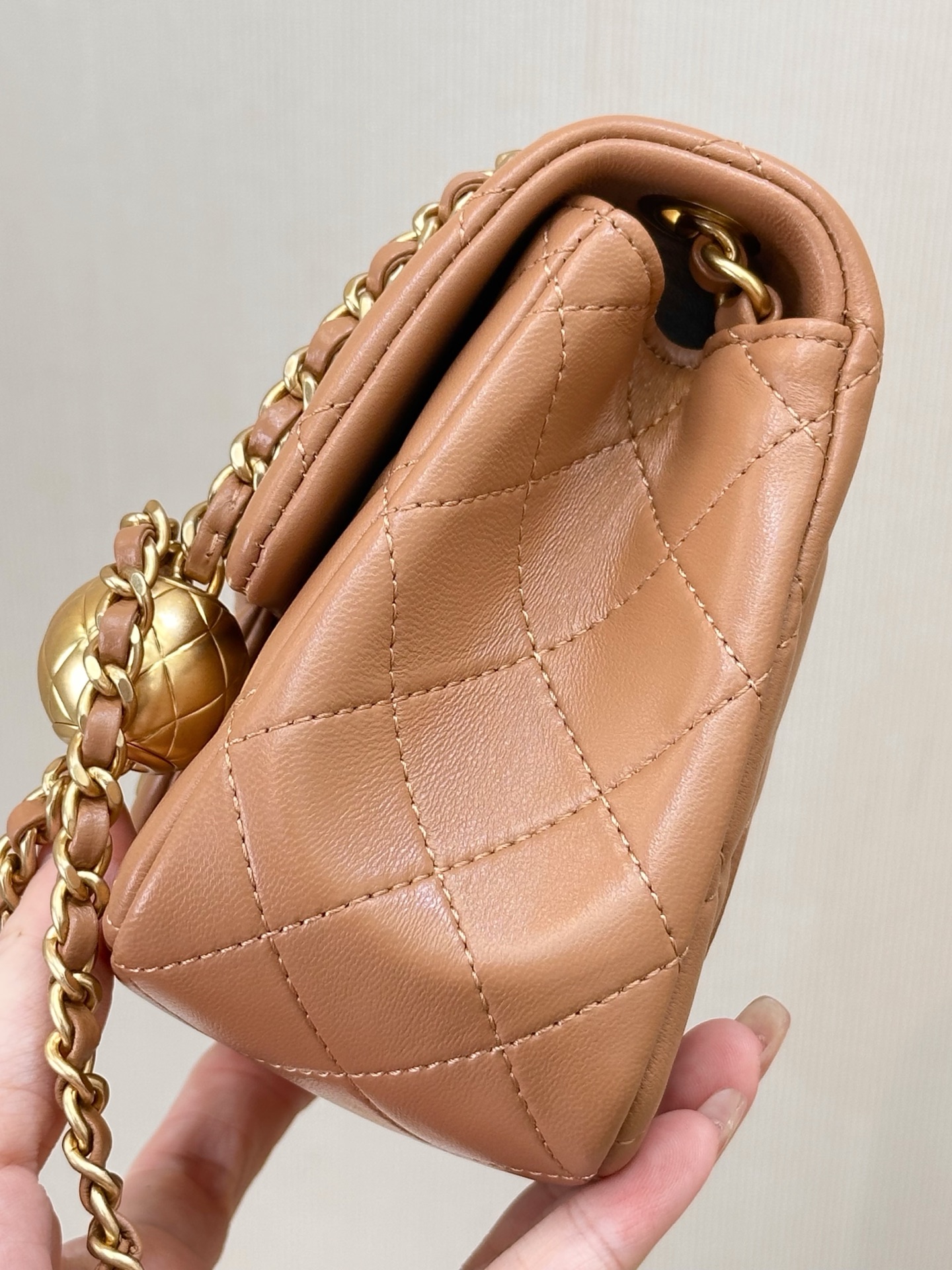 Chanel Quilted Lambskin Mini Crossbody Bag with Gold Ball Chain - Image 8