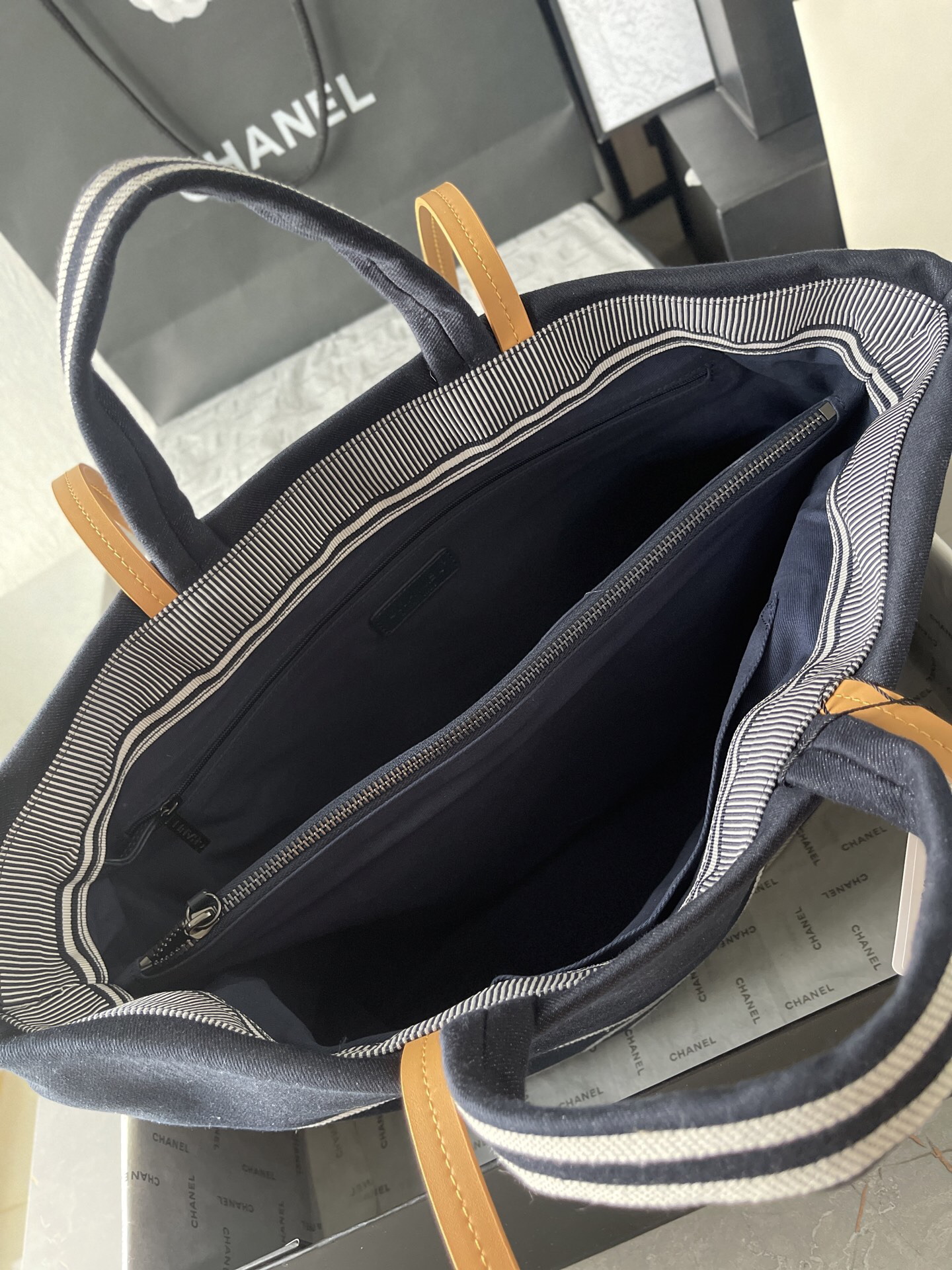 Chanel Navy Blue Striped Denim Tote Bag - Image 8
