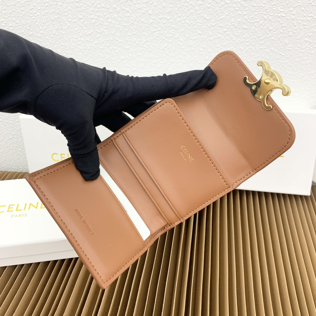 Celine Triomphe Brown Calfskin Compact Wallet - Image 8