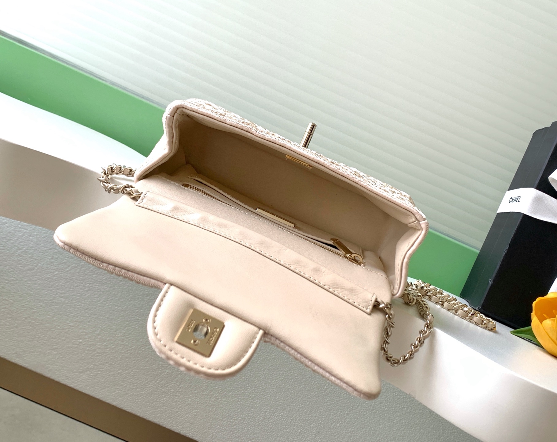 26-Gauge Woven Wool Shoulder Bag with Double C Hardware and Leather-Woven Chain Strap - Image 8