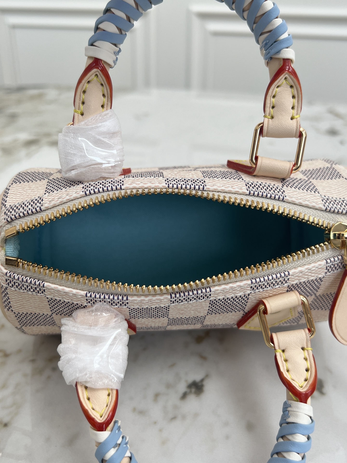Louis Vuitton Nano Speedy Handbag in Damier Azur Coated Canvas - Image 8