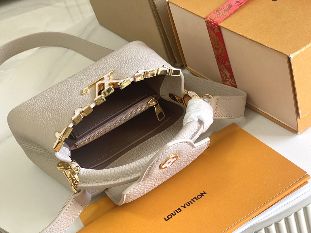 Louis Vuitton Capucines BB Handbag in White Calfskin with Gold-Tone Floral Detail - Image 9