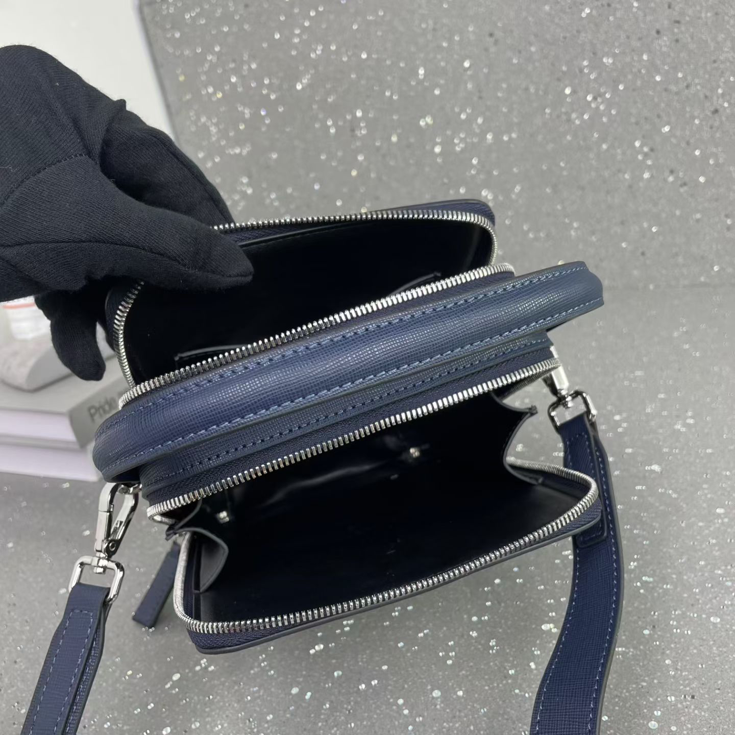 Prada Men's Casual Shoulder Bag, Black and Blue, Model 9048-3 - Image 9
