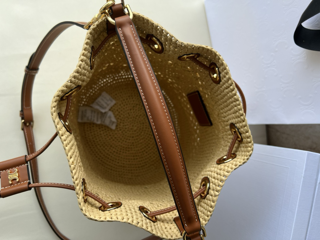 CLARA Classic Woven and Leather Bucket Bag in Yellow-Brown - Image 9