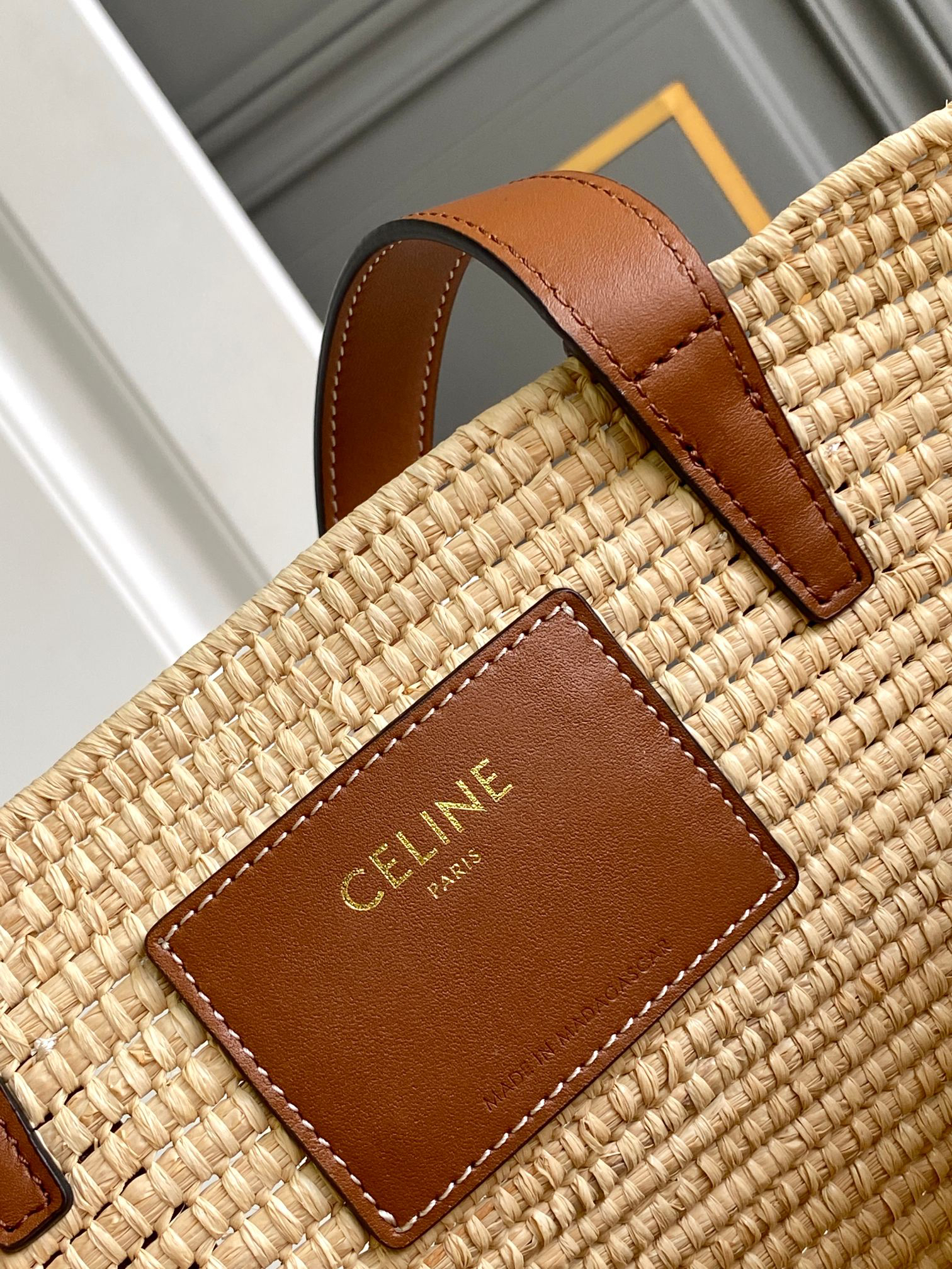 CELINE Small Natural Fiber and Calfskin Woven Triomphe Basket Bag - Image 9