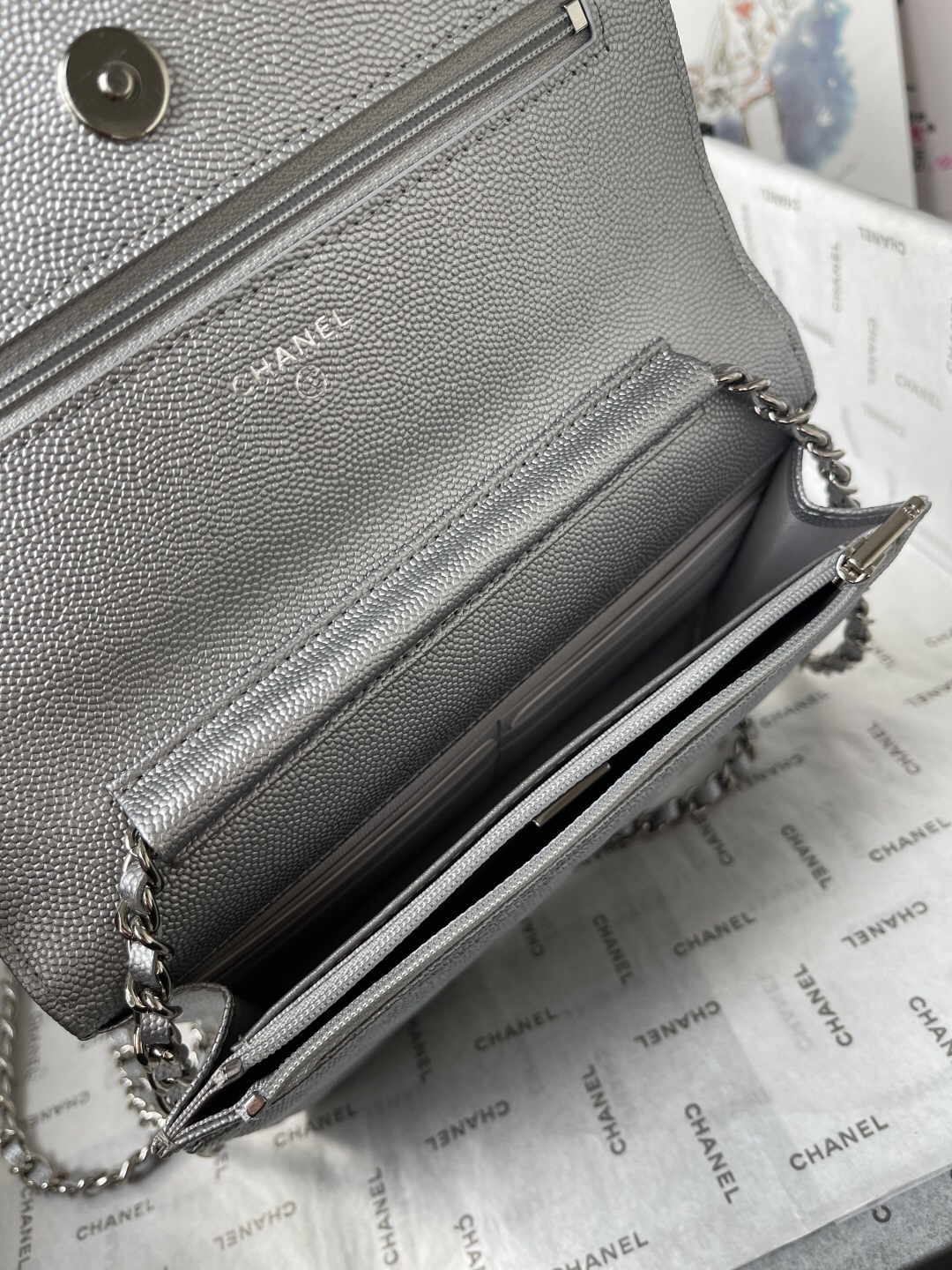 Classic Flap Wallet on Chain in Black Caviar Leather - Image 10